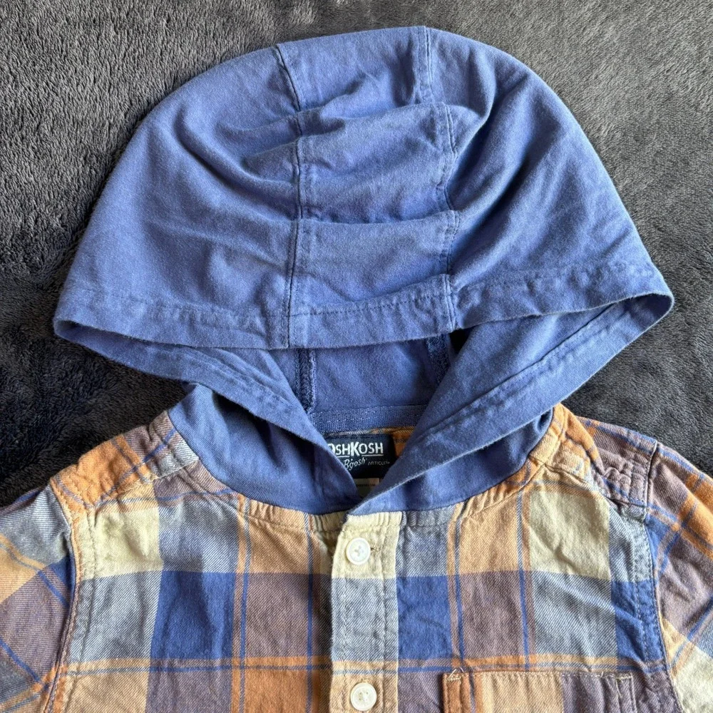 OshKosh Bgosh Kids Blue Orange Plaid Hooded Flannel Shirt Size 6 OSH89381-SML